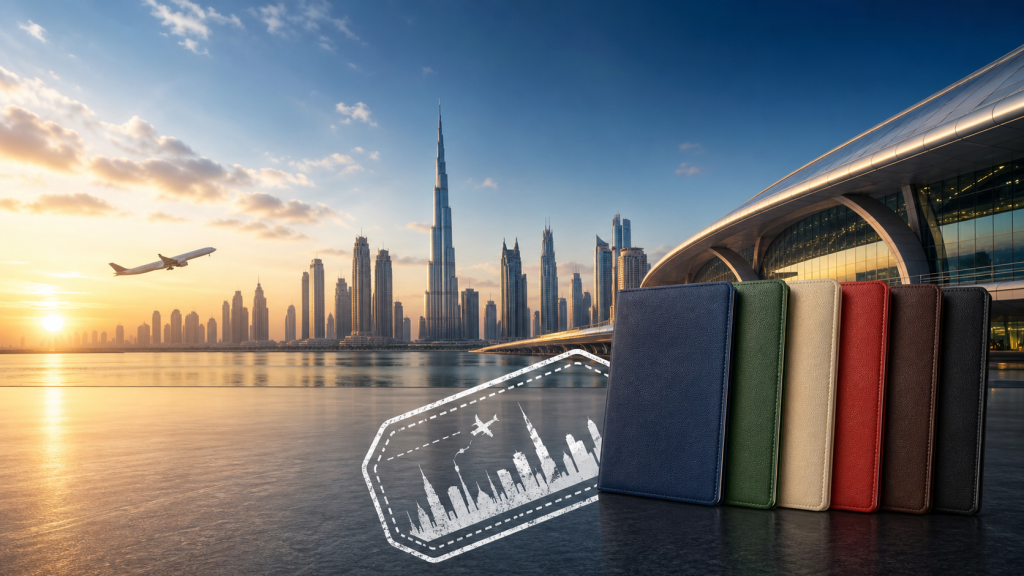 Dubai skyline, airport terminal and six passports illustrating the UAE visa-on-arrival expansion in 2026